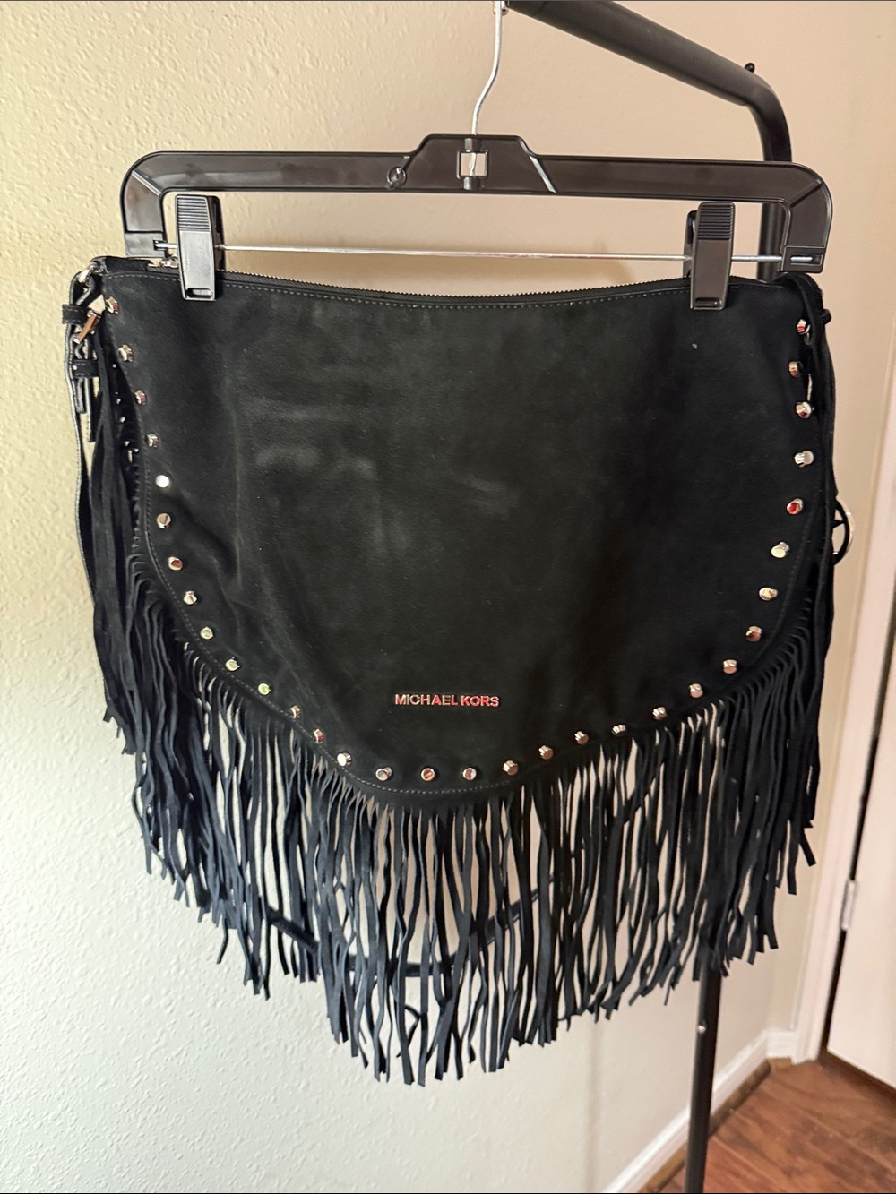Michael Kors Black Suede Fringe Shoulder Bag with Stud Accents